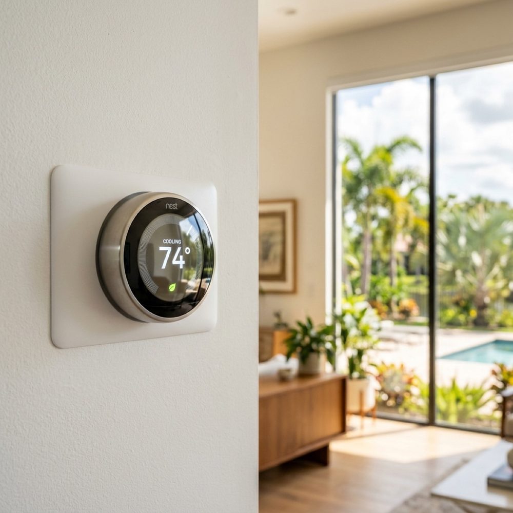 Nest smart thermostat set to 74 degrees in a Lake Nona Florida home